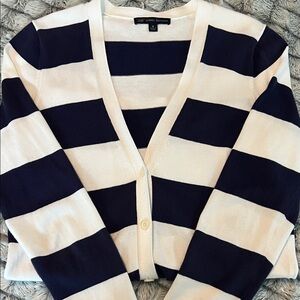 Used Brooks Brothers Navy and White Striped V‑Neck Cardigan  Size Medium